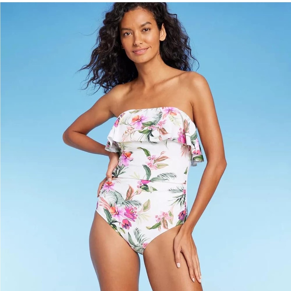 Kona Sol Women's Bandeau Flounce Front Ruched Full Coverage One Piece Swimsuit